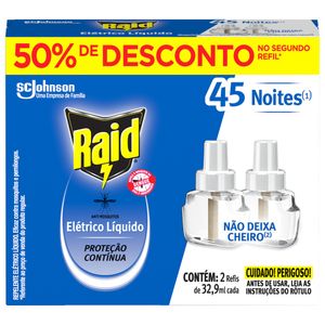 Repelente Elétrico Raid 45 Noites c/2 unid 50% Desc 2º Ref