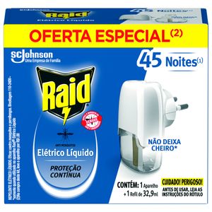 Repelente Elétrico Raid 45 Noites Refil 32.9ml + Aparelho