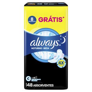 Absorvente Always Noturno Cobertura Seca com Abas Pacote com 48 Unid Grátis 8 Unidades