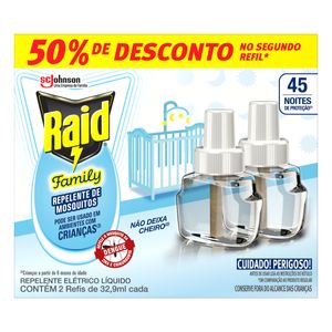 Repelente Raid Family Elétrico 45 Noites 2 Unid 32.9ml Cada Grátis 50%de Desconto no Segundo Refil