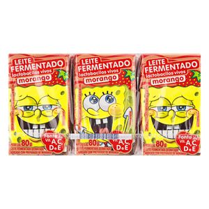 Leite Fermentado Desnatado Elegê Bob Esponja Morango Caixa 80g com 6 Unidades