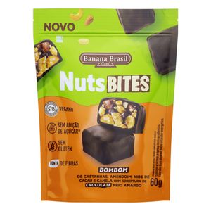 Bombom Banana Brasil Nuts Bites Castanhas, Amendoim, Nibs Cacau e Canela c/ Choc Meio Amargo 60g