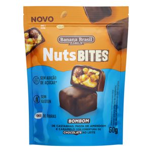 Bombom Banana Brasil Nuts Bites Castanhas, Pasta de Amendoim e Caramelo c/ Chocolate Ao Leite 60g