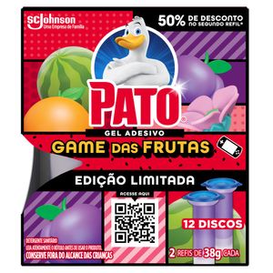 Detergente Sanitário Gel Adesivo Pato Game das Frutas 38g c/ 2 50% de Desc 2º Unid