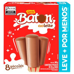 Picolé Baton ao Leite Garoto Caixa 360g com 8 Unid de 45g Cada Leve +Pague -
