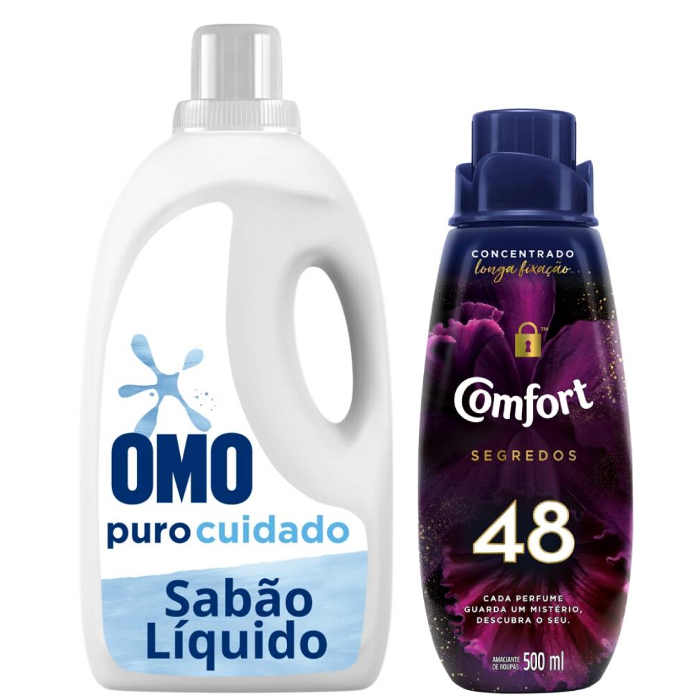 Lava-Roupas Líquido Omo Puro Cuidado 3l + Amaciante Comfort Concentrado Segredo 48 500ml