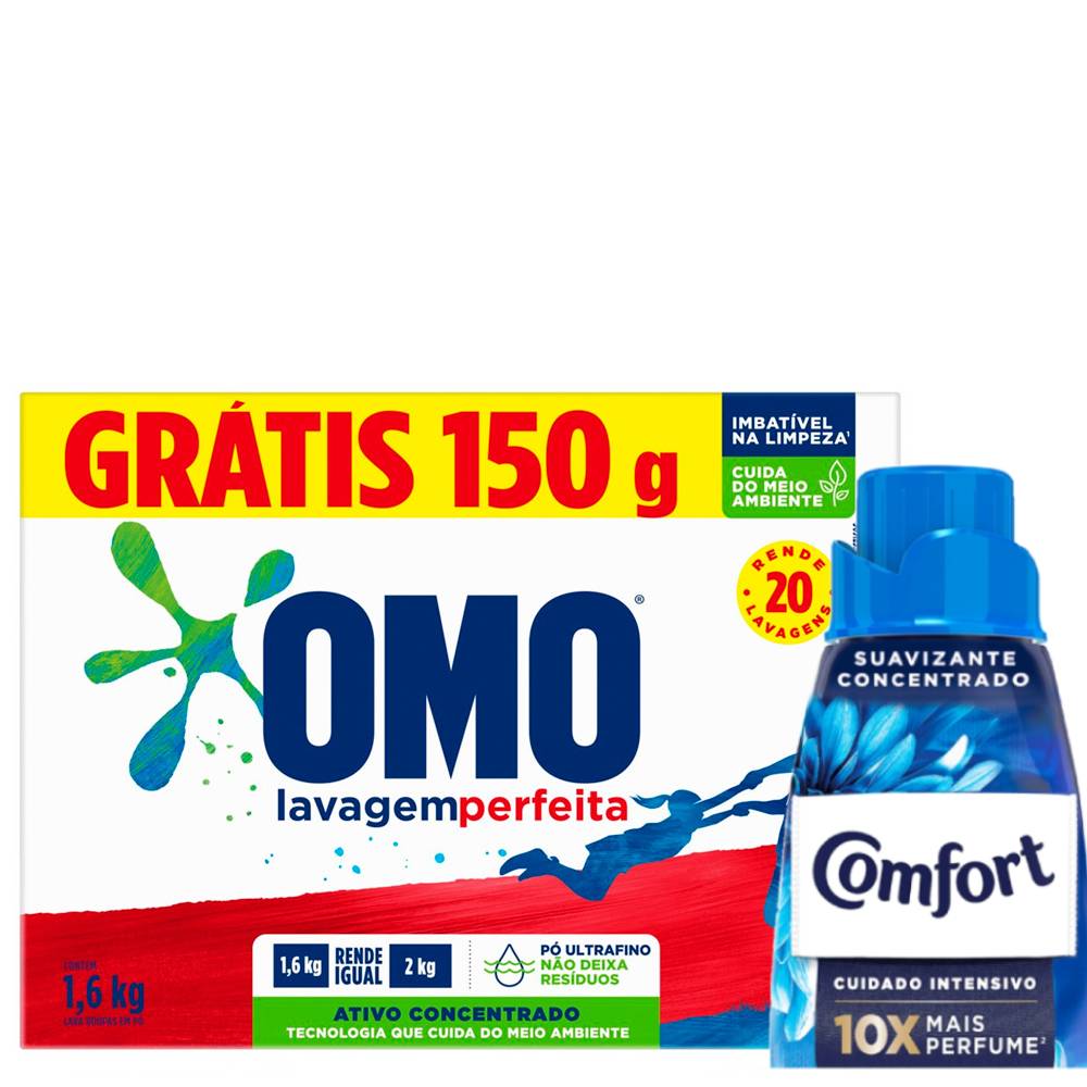 Lava-Roupas em Pó Omo Lav Perfeita 1.6Kg Grátis 150g + Amaciante Comfort Conc Frescor Intenso 500ml