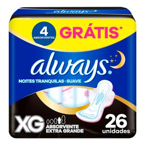 Absorvente Always Noites Tranquilas Extra Grande c/ Abas Pacote c/26 Unid Grátis 4 Unid