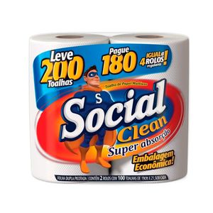 Papel Toalha Social Clean Folha Dupla Leve 200 Pague 180 Folhas com 2 Unid