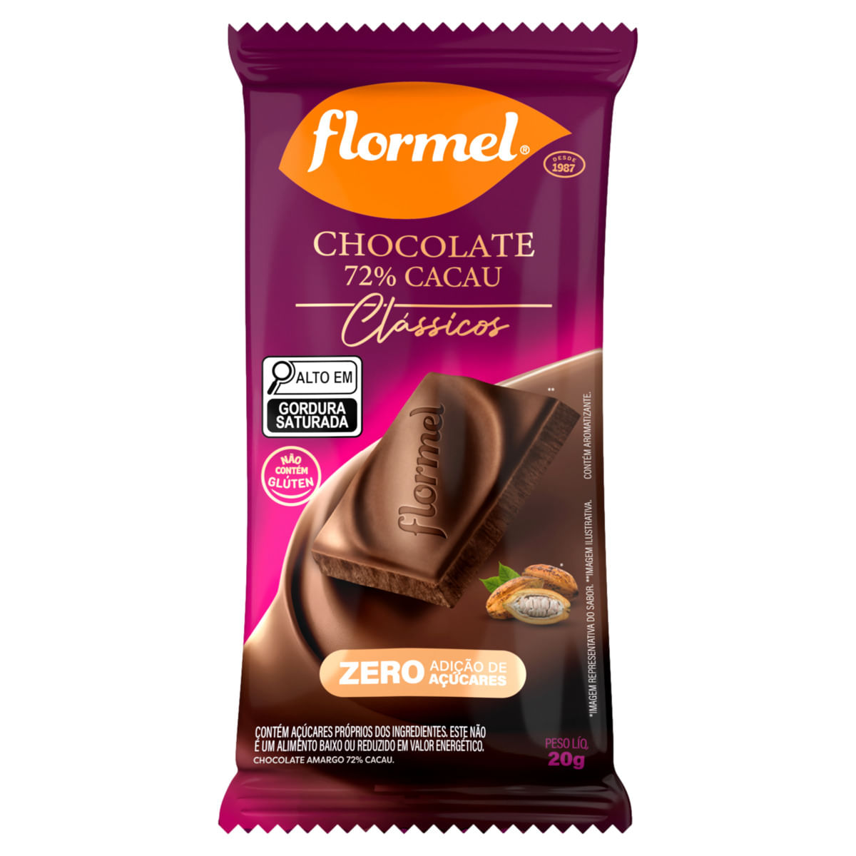 Chocolate Flormel Zero Açúcar Amargo 72% Cacau 20g | Prezunic