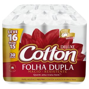 Papel higiénico Deluxe Cotton Folha Dupla Leve 16 Pague 15 Unid