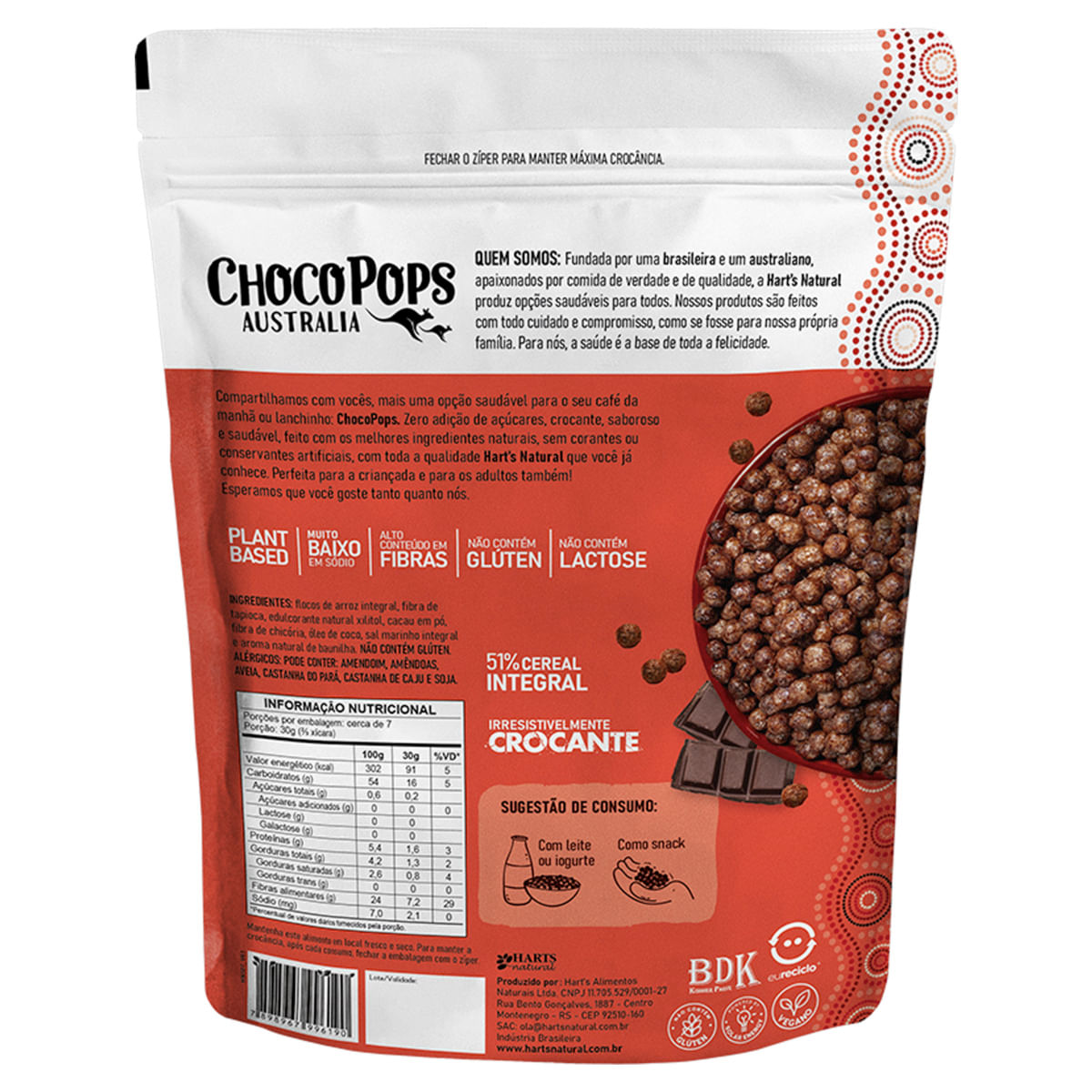 Cereal Matinal Hart'S Natural Chocopops Australia Zero Açúcar