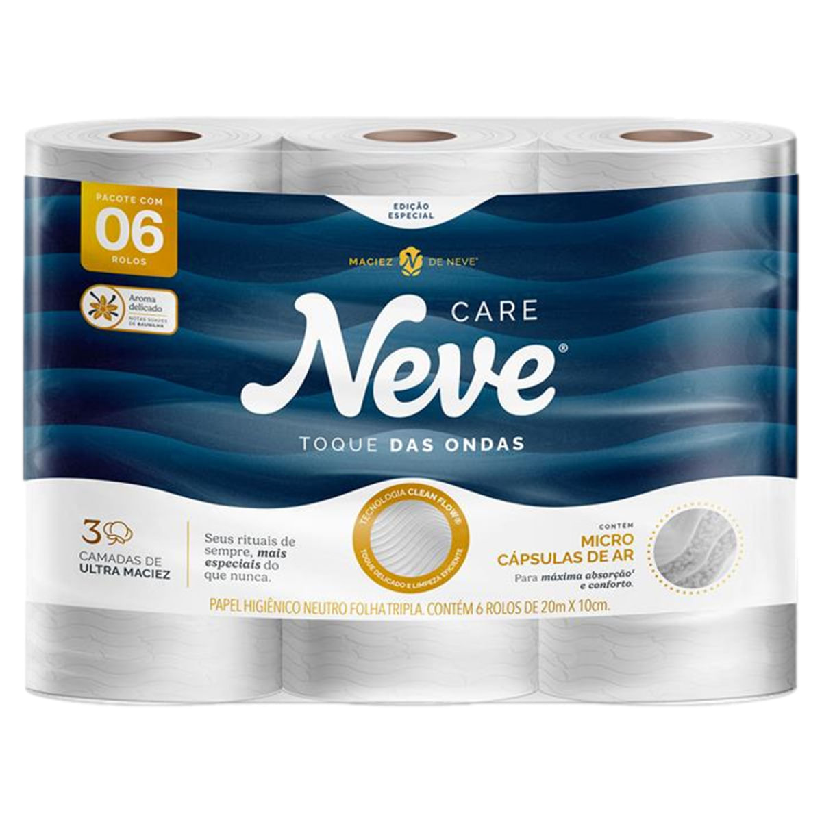 Papel Higiênico NEVE Toque das Ondas Folha Tripla com 6 Rolos 20 Metros