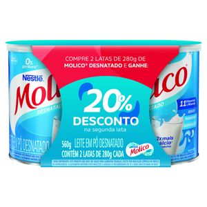 Leite em Pó Molico Desnatado 2 Latas de 280g cada - 20% de Desconto na Segunda Lata