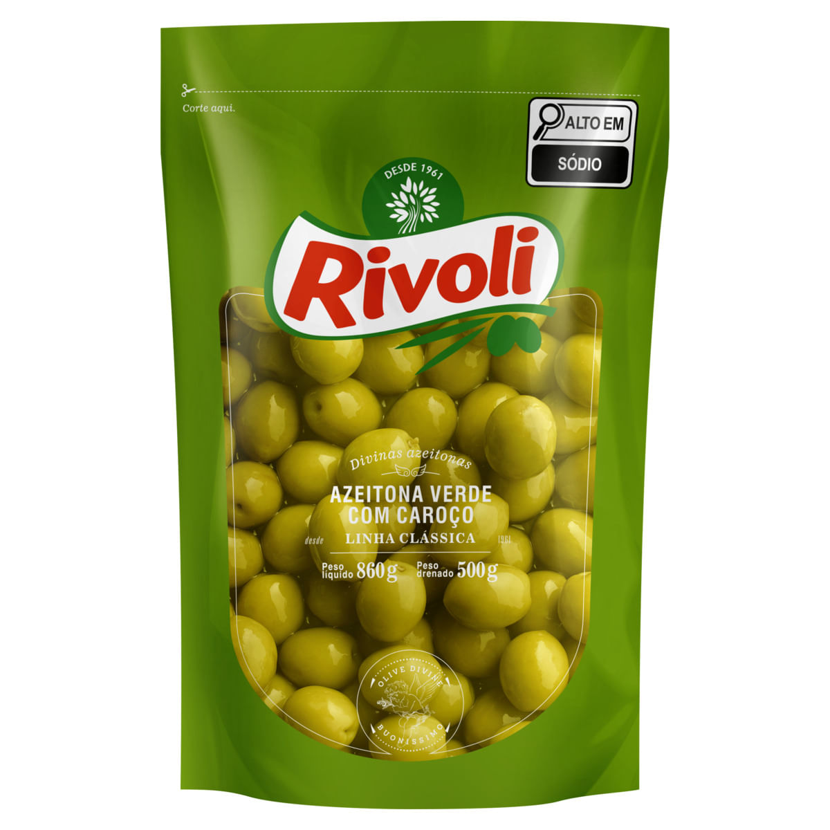 Azeitona Verde em Conserva Rivoli Clássica com Caroço Sachê 500g